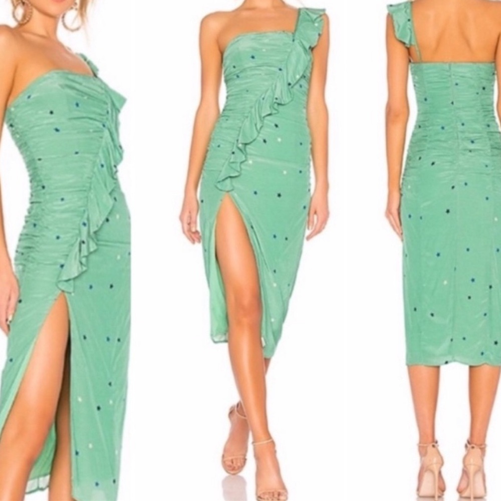 MAJORELLE Green One-Shoulder Ruched Cocktail Dress